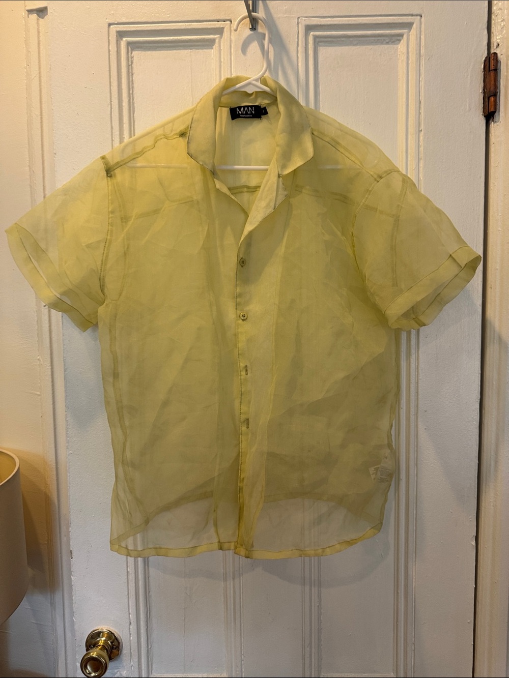 Boohoo Mens Yellow Sheer Short-Sleeve Button-Down Shirt